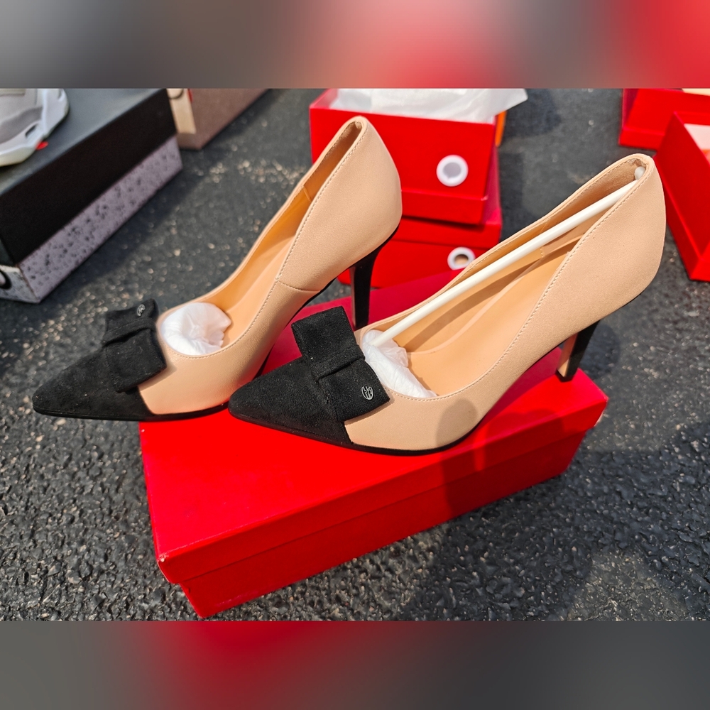 Classic Two-Tone Pointed Toe Heels in Beige and Black